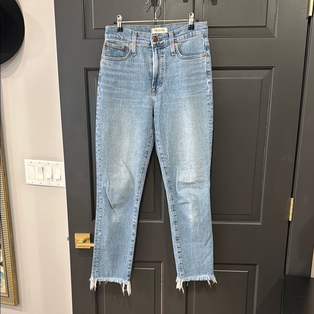 Madewell Blue Cropped Ankle Jeans with Distressed Hem